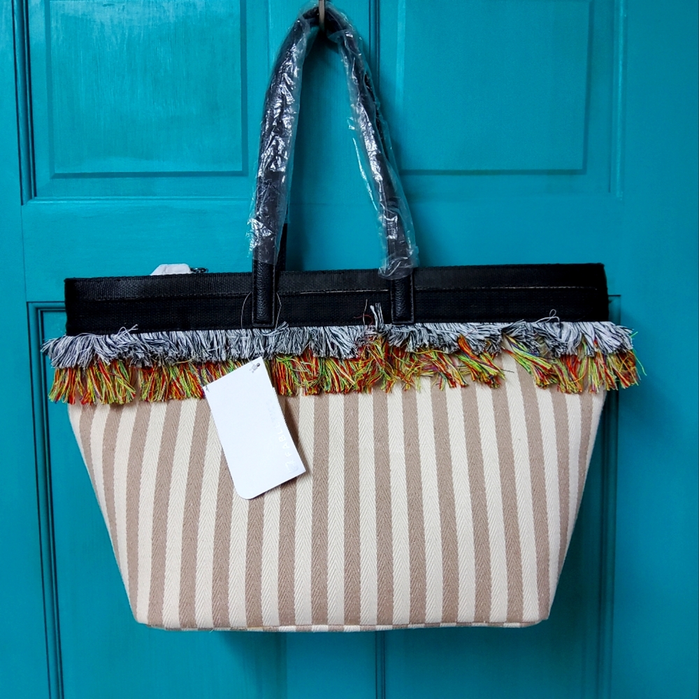 Brandnew, striped woven fabric, tote.